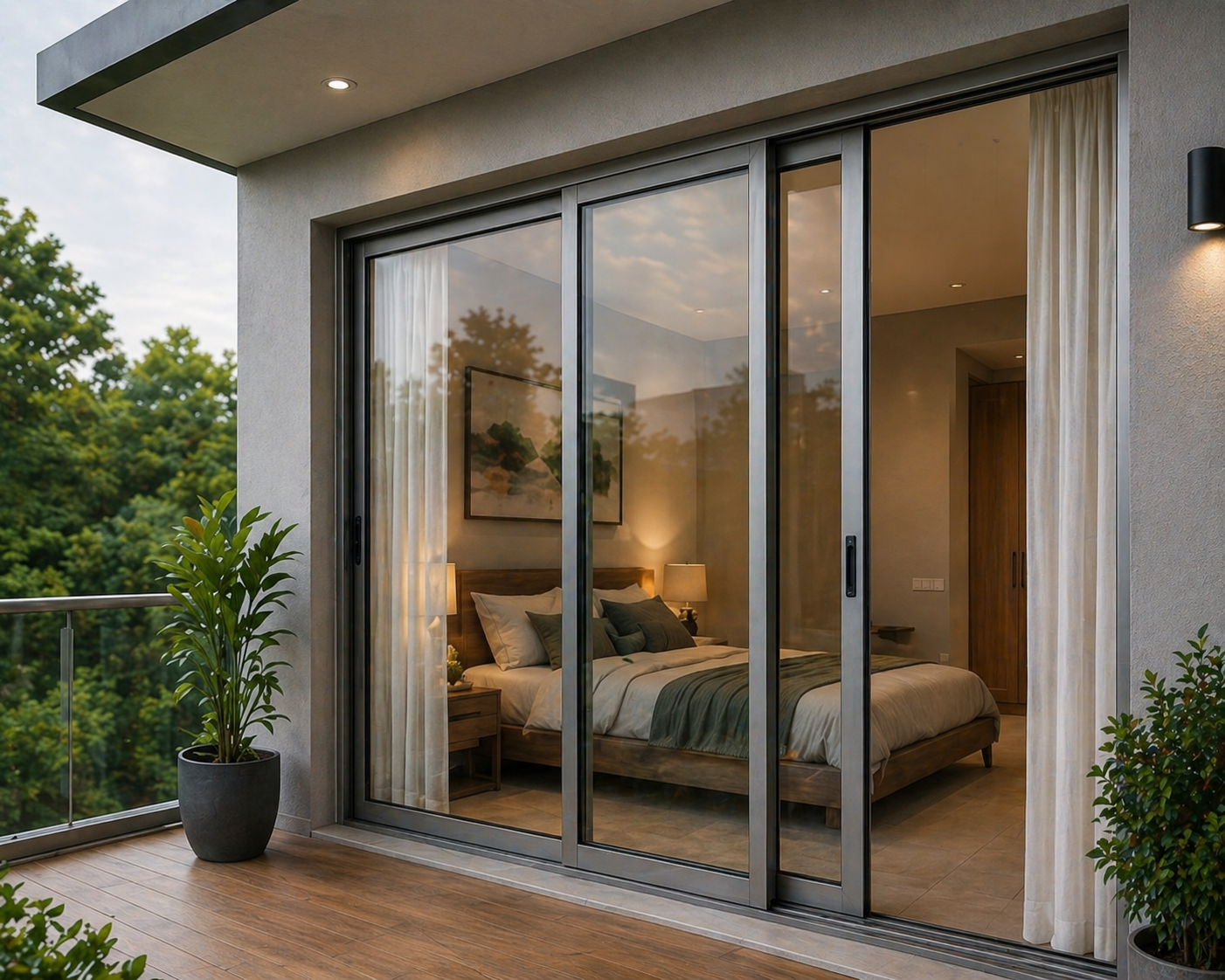 Heavy-duty aluminium sliding doors in Coimbatore for showrooms, restaurants, and residential balconies – smooth nylon-wheel roller system